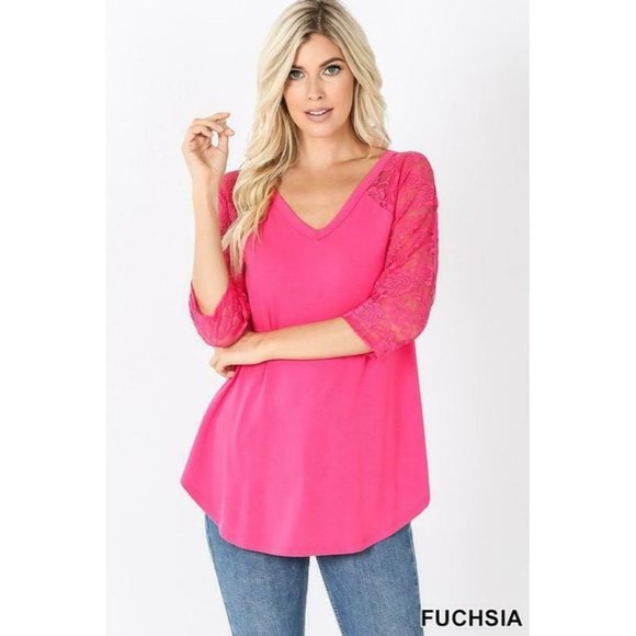 Zenana Outfitters Tops - Zenana fuchsia Lace Sleeve Dolphin Hem Top
